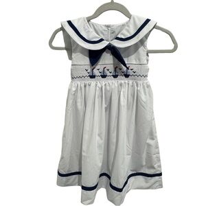 Smocked Blessings Girls Sailboat Smocked Dress White Navy Sailor Collar Size 6T
